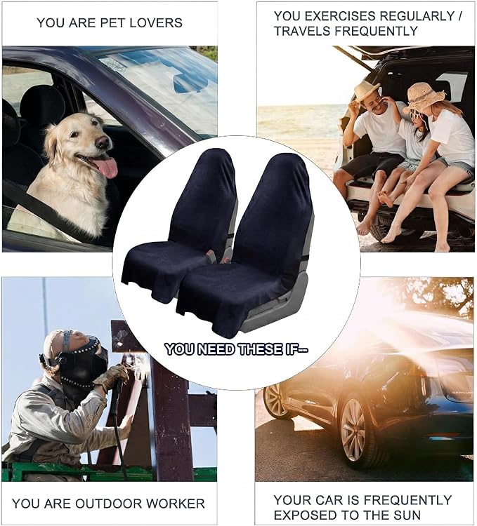Car Seat Towel Cover, 2pcs Universal Front Seat Protector for Cars, SUVs and Trucks, Sweat Towel Car Seat Cover for Gym, Yoga, Swimming, Pets and Family Travel, Navy