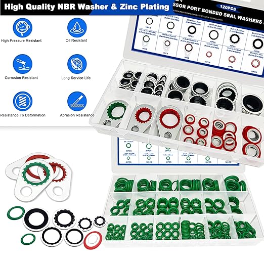 390 PCS Air Conditioning Compressor O Rings and 120 PCS A/C Sealing Washers Kit, 30 Size Air Conditioning Compressor Port Gasket, Repairs Automotive Air Conditioning Systems Bonded Washer