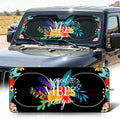 63"x28.5" Car Windshield Sun Shade with Storage Pouch, Stylish Printed Front Window Sunshade with Double Ring Frame, Universal Fit Foldable Heat Blocker & UV Protector for SUV, Sedan (Good Vibes)