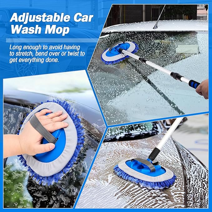 62" Car Wash Brush Kit with Hose Attachment, Scratch-Free Microfiber & Soft Bristles, Long Handle Wash Mop for Cars, Trucks, SUV & RV – Flow-Through Cleaning Kit with Mitt, Towel & Tire Brush