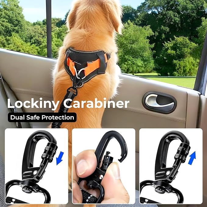 Dog Seat Belt for Car Seatbelt Clip or Hook Latch, Adjustable Reflective Bungee Dog Leash with Locking Zinc Alloy Carabiner, Elastic Buffer, Fits Most Cars/SUVs/Trucks (Black)