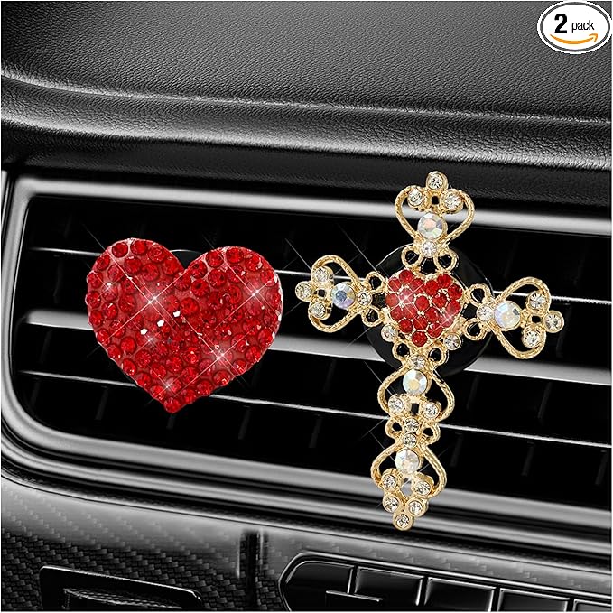 2 PCS Bling Car Vent Clip, Crystal Rhinestone Cross and Heart Car Air Fresheners Vent Clips, Diamond Car Air Conditioner Outlet Decoration Charm for Women, Car Accessories (Red)