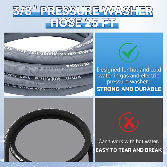 RIDGE WASHER Pressure Washer Hose 25 Ft, 4000 PSI Power Washer Hose with 3/8 Inch Quick Connect for Hot and Cold Water, Gray Non Marking Hoses, M22 14 mm Fitting