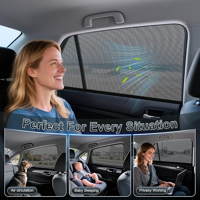 PEYOU Car Window Shades for Baby 2 Pack, Stretchable & Breathable Spandex Rear Side Car Sun Shade for Camping, Blocks UV Rays & Sun Glare for Kids/Adults/Pets - 44.9"X25.6" Fits 99% Cars
