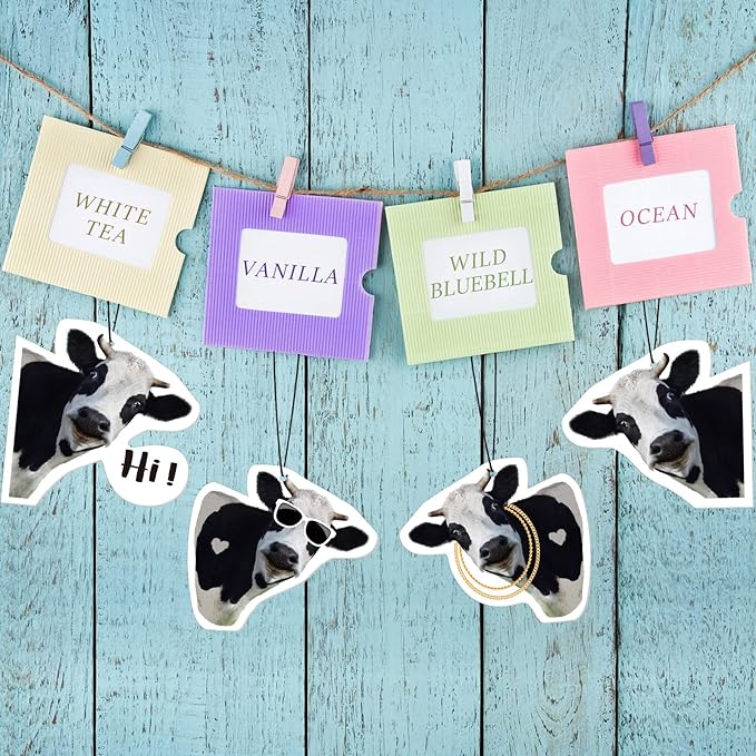 8 Pack Car Air Freshener Cattle Print Funny Cute Hanging Decorations Gift for Women Men, White Tea, Wild Bluebell, Vanilla, Ocean Scents, Black