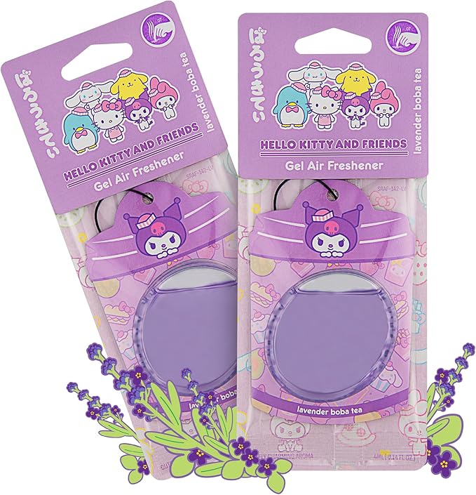 Hello Kitty and Friends Car Air Freshener (Kuromi - Lavender Boba Tea) Hanging Gel Area Deodorizer, Long-Lasting Car Scents Air Freshener, Cute Automotive Sanrio Accessories Decor, 2-Pack
