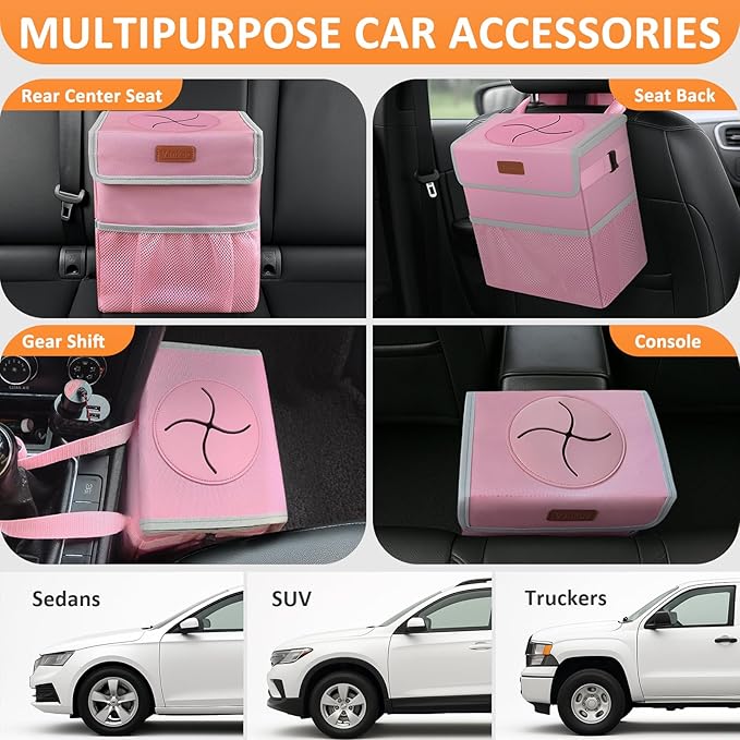 Pink Car Trash Can Cute, Pink Car Accessories for Women Waterproof Automotive Garbage Cans Leak Proof Vehicle Trash Can