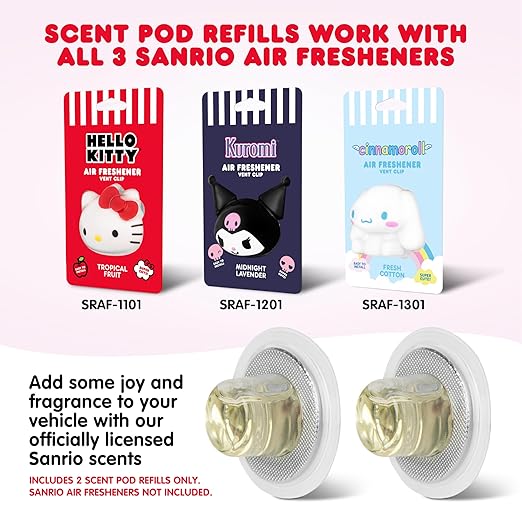 Sanrio Hello Kitty Car Air Freshener Scented Oil Pod Refills, Hello Kitty and Friends Cute Car Accessories for Women, Tropical Fruit, 2ct
