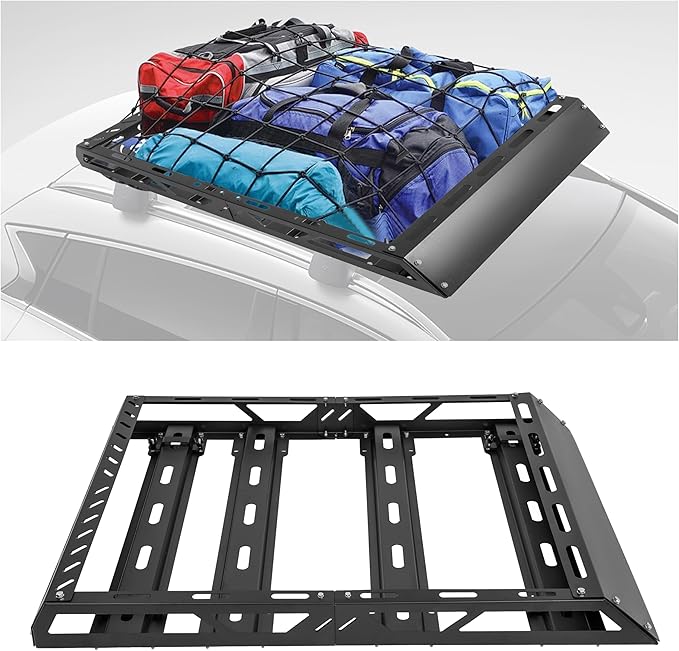 ECOTRIC 50" x 39" x 4.75" Roof Rack Cargo Basket W/Cross Bars Fit for Car SUV Pickup Truck Van Universal Top Cargo Carrier Metal Luggage Storage Holder Basket Rack for Travel 150Lbs Steel Black