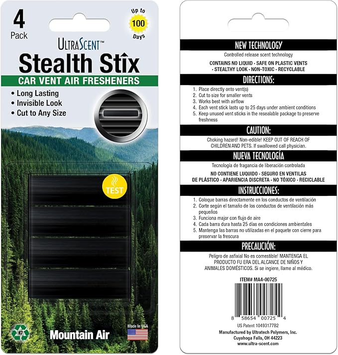 Car Vent Clips Air Freshener Stealth Stix Car Vent Clips that Slip on Vent Blade, 1-Pack/4-Stix (Mountain Air)