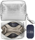 Insulated Cooling Makeup Bag with 2 Reusable Ice Packs Heat-Resistant Cosmetic Travel Organizer Silver Vegan Leather with Water-Resistant Double Zipper & Wrist Strap (Medium: 9.5x4.0x7.0in)