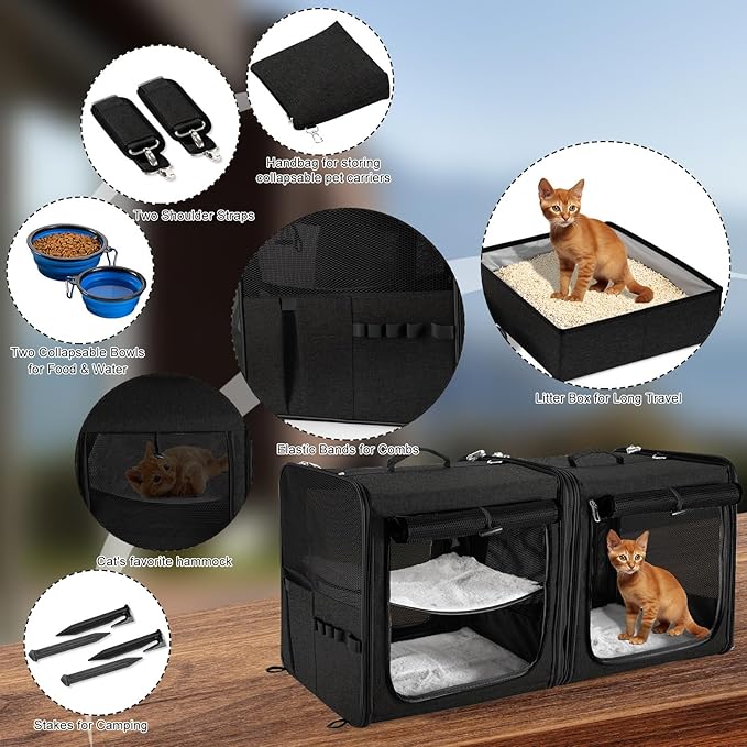 Suertree Large Cat Carrier for 2 Cats with Zipper Locks, Double Cat Carrier with Travel Litter Box, Soft Pet Travel Carrier for Cats and Small Dogs Up to 45 Lbs, Black