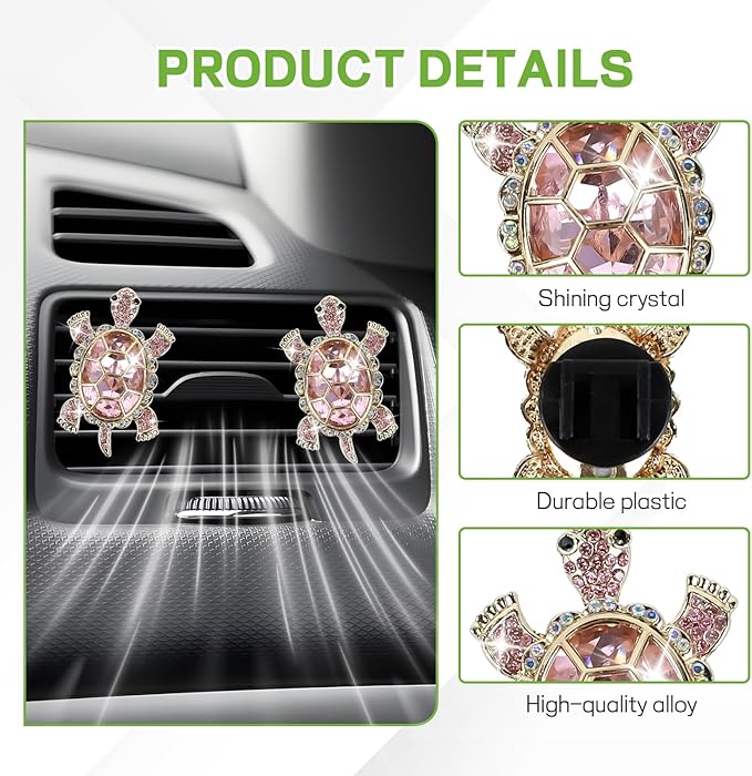 2PCS Sea Turtles Car Air Freshener Vent Clip, Bling Cute Turtle Vent Clips for Cars, Rhinestone Auto Air Conditioning Outlet Clip, Ocean Theme Interior Decor Car Accessories (Pink)