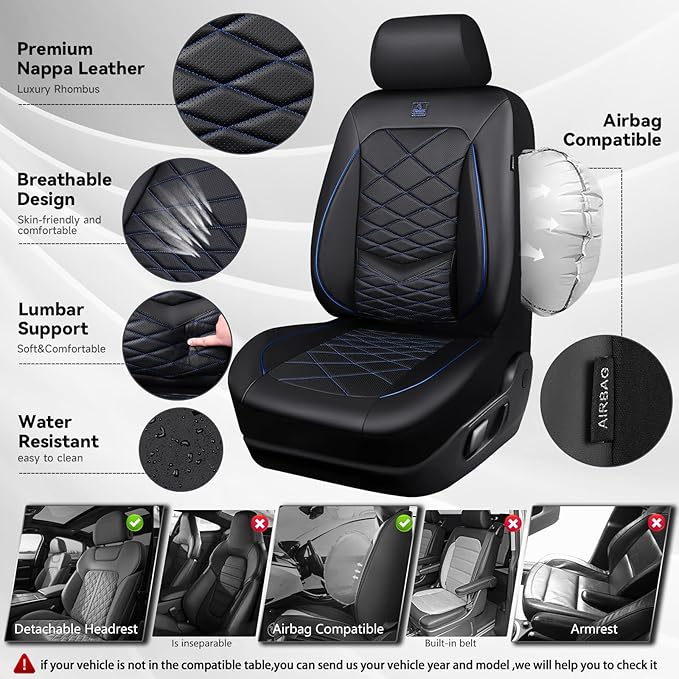 CAR PASS Luxury Nappa Leather Seat Covers Full Set, Water Resistant Faux Leather Seat Cover with Lumbar Support, Breathable Automotive Seat Covers Universal Fit for Sedan SUV Van Truck, Black Blue