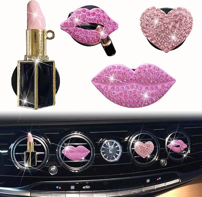 4 Pcs Pink Lips Air Vent Clips, Sexy Lips Kiss Heart Shape Car Air Fresheners, Charms Rhinestone Diffuser Vent Clip Cute Car Decor Bling Car Accessories for Women, Automotive Air Fresheners (Pink, 4)