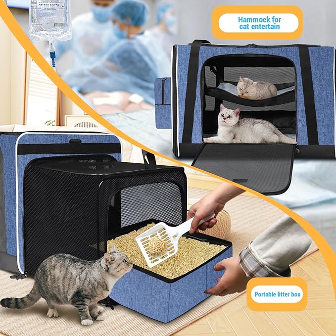 Petskd Side Expandable Extra Large Cat Carrier with Litter Box Area, 24"x17"x17" Soft-Sided Pet Carrier for 2 Cats Under 55 lbs with Zipper Locks for Car Travel(Blue)