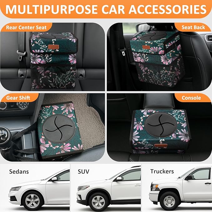 Car Trash Can for Car Cute, Bag Bin Hanging Waterproof Automotive Garbage Cans Leak Proof Vehicle Trash Can Navy Floral