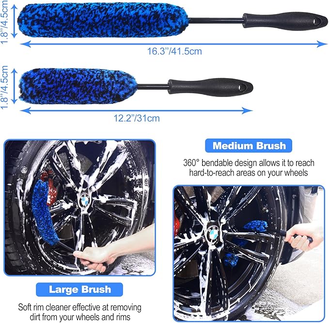 NIKCOSMK 10Pcs Wheel Brush Kit for Cleaning Wheel and Tire, Wheel and Rim Brush, Car Detailing Brushes, Tire Brush, Bendable & Durable Car Wheel Rim Cleaner Brush Set,Car Cleaning Brush Supplies Kit