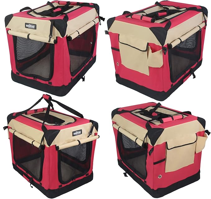 EliteField 4-Door Folding Soft Dog Crate with Curtains, Carrying Bag and Fleece Bed (2 Year Warranty), Indoor & Outdoor Pet Home (36" L x 24" W x 28" H, Red+Beige)