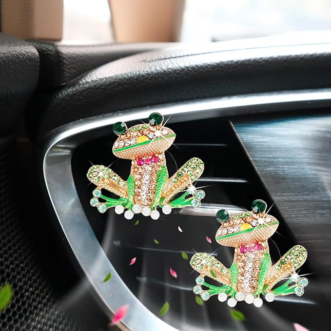 Frog Car Accessories, 2pcs Bling Tree Frog Air Vent Clips Car Air Fresheners,Cute Red Bow Tie Colorful Rhinestones Frog Car Decor,Refillable Diffuser