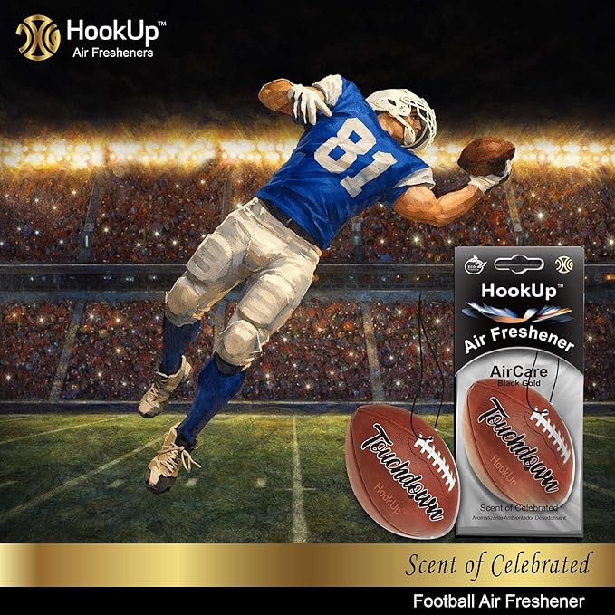 Football Car Air Freshener by HookUp - 10 Pack - Black Gold Scent (Extra Strong) | Unique Football Gift for Players, Coach, Fans | Hanging Car Accessory with Long Lasting Fresheners Smell