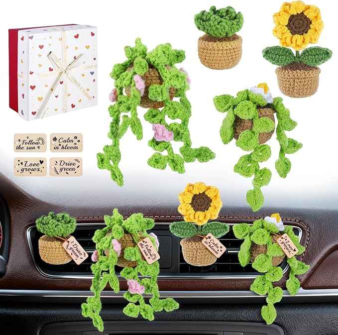 4 Pcs Crochet Plant Vent Clips for Car,Handmade Mini Plant Car Air Fresheners with Inspirational Cards,Succulent Sunflower Potted Plants Car Vent Clips Xmas Crochet Gift for Plants Lover with Gift Box