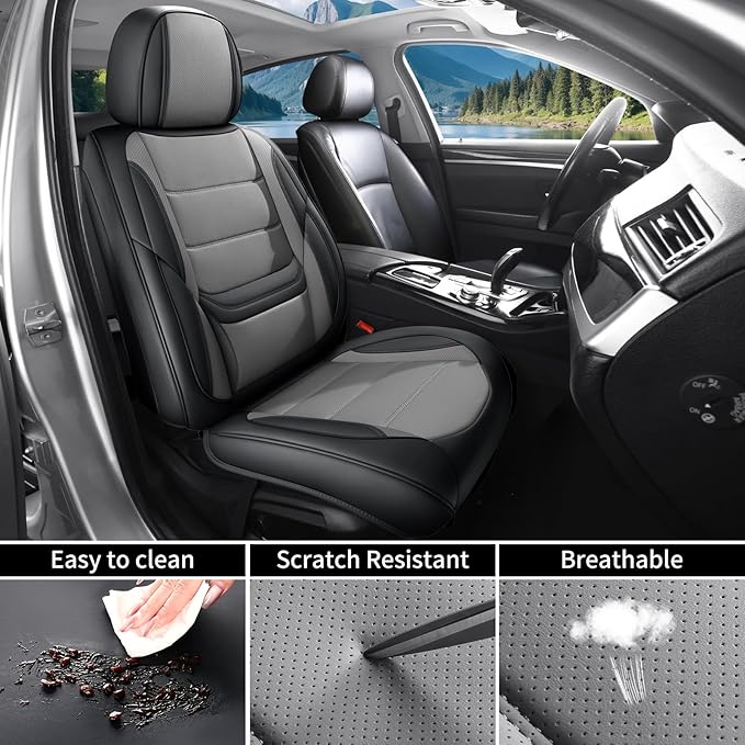 Car Seat Covers Full Set Custom Fit for Chevrolet/Chevy Malibu 2000-2025 2026 - Premium Faux Leather with Lumbar Support, Breathable, Waterproof, Anti-Slip, Easy to Install (Black&Gray, Full Set)