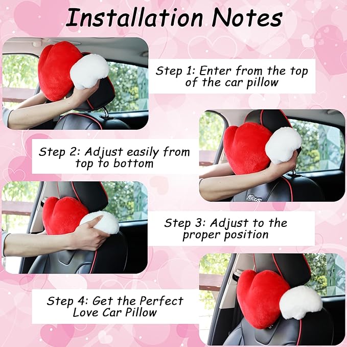 2 Pack Heart Shaped Cute Car Headrest Pillow with Angel Wings - Comfortable Soft Head Rest Cushion Kawaii Car Accessories Neck Pillow for Driving Travelling Office Home Decor - Grey Love Heart