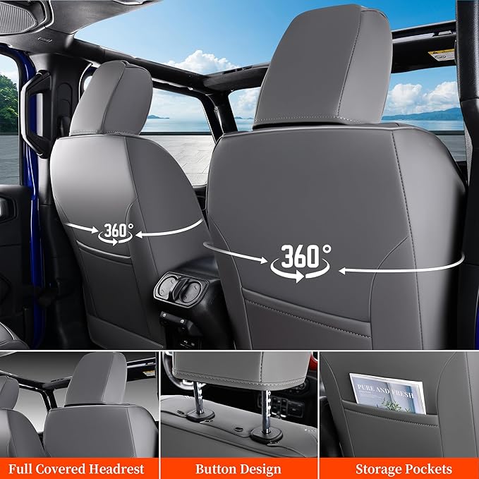 Coverado Seat Covers for Jeep Wrangler, Leather Front Covers for Truck Automotive Wrangler Custom Fit for 2018-2024 Jeep Wrangler JL Seat Covers 2-Door/4-Door Full Coverage(Gray)