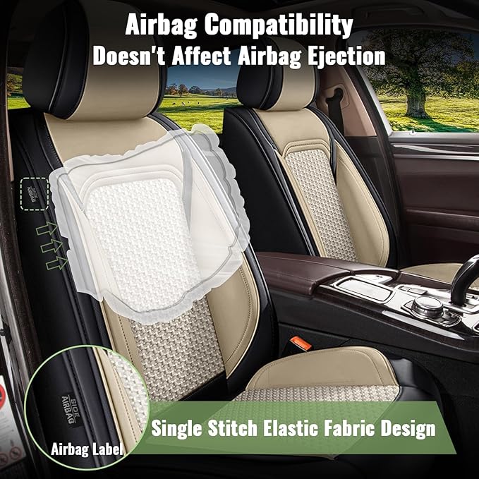 for Fit Toyota Highlander 2008-2025 2026: Full Set Breathable Cool Ice Silk Leather Seat Covers Car Seat Covers (Black & Beige)
