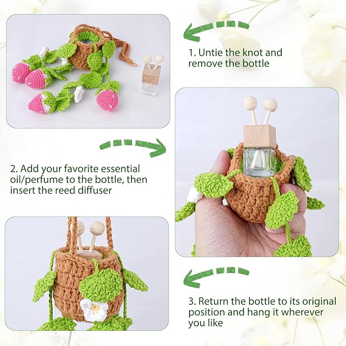 Crochet Car Air Freshener, 8ml Empty Refillable Oil Diffuser Bottle with Hanging Crochet Pink Strawberry Plant & Hanging Tools, Car Rearview Mirror Diffuser for Wall Art & Home & Office Decoration