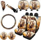 FKELYI Sunflower Horse Car Seat Covers Full Set with Headrest, Cup Coasters, Gear Shift, Handbrake, Steering Wheel Covers, Southwestern Tribal Aztec Auto Seat Accessories