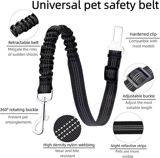 Dog Seat Belt for Car - Adjustable Dog Car Safety Harness, Elastic Cushioning Seatbelt Leash, Reinforced Metal Buckle Anti-Tangle Design, for Small and Medium Pets (Black)