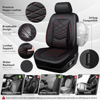 CAR PASS Luxury Nappa Leather Front Seat Covers, Water Resistant 3D Foam Seat Covers with Lumbar Support, Breathable Auto Seat Cover Airbag Compatible Universal Fit for Sedan SUV Van Truck, Black Red