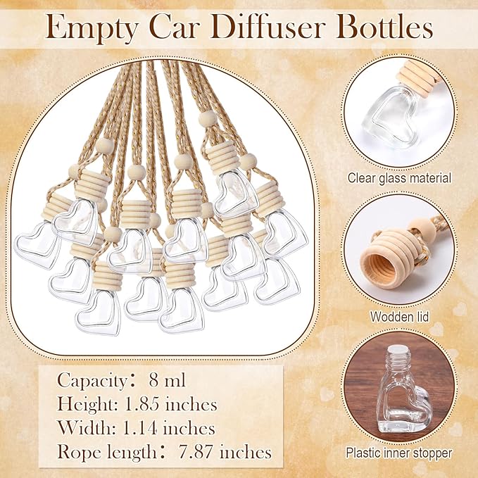 100 Sets Car Diffuser Bottles Empty Bulk Hanging Car Air Freshener Diffuser Bottles Glass Perfume Holder with Instruction Cards for Essential Oil Wedding Bridal Birthday Gifts (Heart)