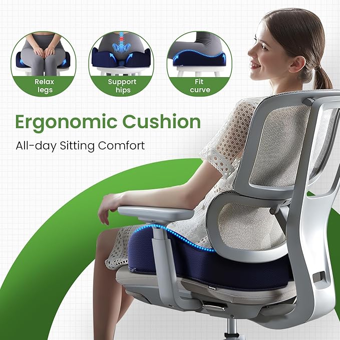 A-Pce Ergonomic Seat Cushion -Large Memory Foam Cushion for Office Chair- Sciatica & Lower Back & Coccyx Pain Relief - Car Seat Cushions for Driving Seat Cushion, Deep Blue