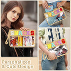 Snack Bag for Travel - Clear Chenille Varsity Letter Flat Pouch with Zipper, 12.2×8.46 inch Waterproof Clear Nylon Preppy Patch Makeup Cosmetic tote Bags for Women Girls