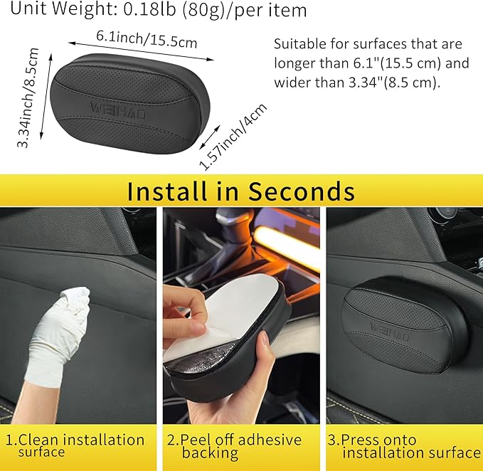 Car Knee Cushion Pad, Car Door Knee Pad Rest Cushion, Center Console Car Knee Pad Protector, Memory Foam Compact Knee Support with Hook & Loop, Nappa Leather Car Knee Support Cushion (Black-1 PC)
