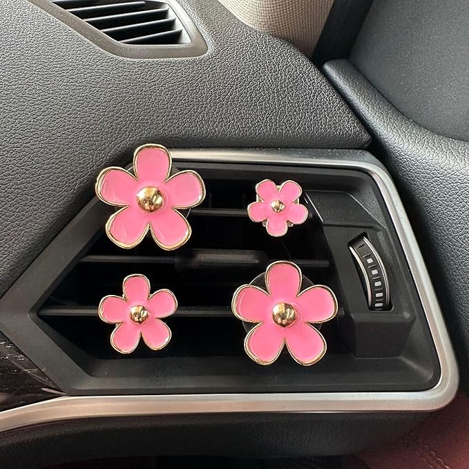 4PCS Daisy Flower Air Vent Clip Air Conditioning Outlet Clip Car Air Freshener Clip Car Interior Decor Charm Colorful Car Interior Accessories for Girls Women (Pink)