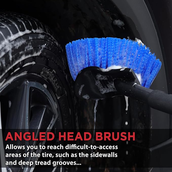 TAKAVU 17.5" Long Handle Wheel Tire Body Brush - Gentle Car Wash Brush for Safe Tire Sidewall & Wheel Cleaning - Scratch-Free Automotive Tool (Blue - Stiff Bristle)