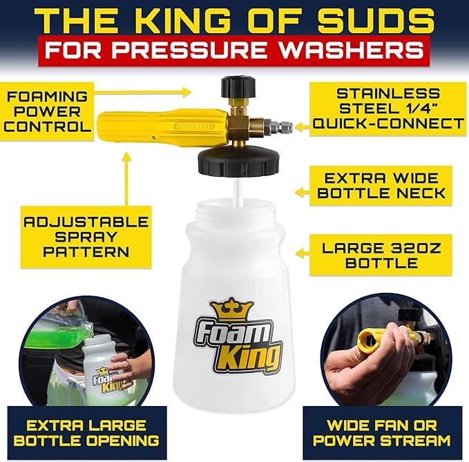 Foam King Foam Cannon for Pressure Washer, Car Wash Soap Sprayer with 1/4" Quick Connector, Wide-Neck Bottle, Adjustable Snow Foam Blaster for Auto Detailing, Trucks, Motorcycles & More