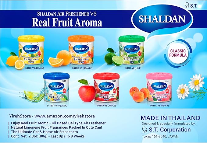 My Shaldan v8 JDM Classic Formula, Assorted 6-cans Squash, Peach, Orange, Lime, Apple, Lemon Scent car freshener