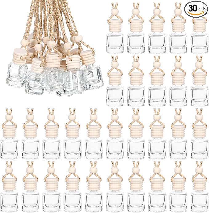 30Pcs 8ml Hanging Car Air Freshener Diffuser, Refillable Clear Glass Essential Oil Fragrance Perfume Diffuser Bottle Pendant Empty Bulk, Glass Vials with Wooden Caps & Hanging String