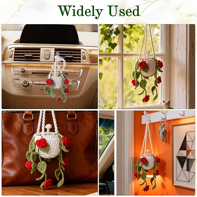 Crochet Car Air Freshener, 8ml Empty Refillable Oil Diffuser Bottle with Hanging Crochet Red Rose Plant & Hanging Tools, Car Rearview Mirror Diffuser for Wall Art & Home & Office Decoration