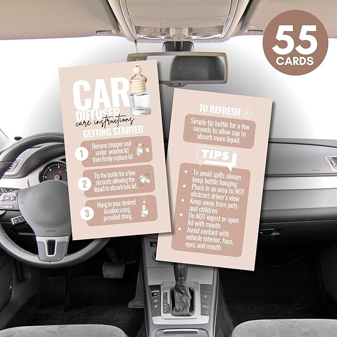 Car Diffuser Instruction Cards | Physical Printed 2" x 3.5" inches Business Card Size | Car Diffuser Supplies | Cute Modern Design (Tan)