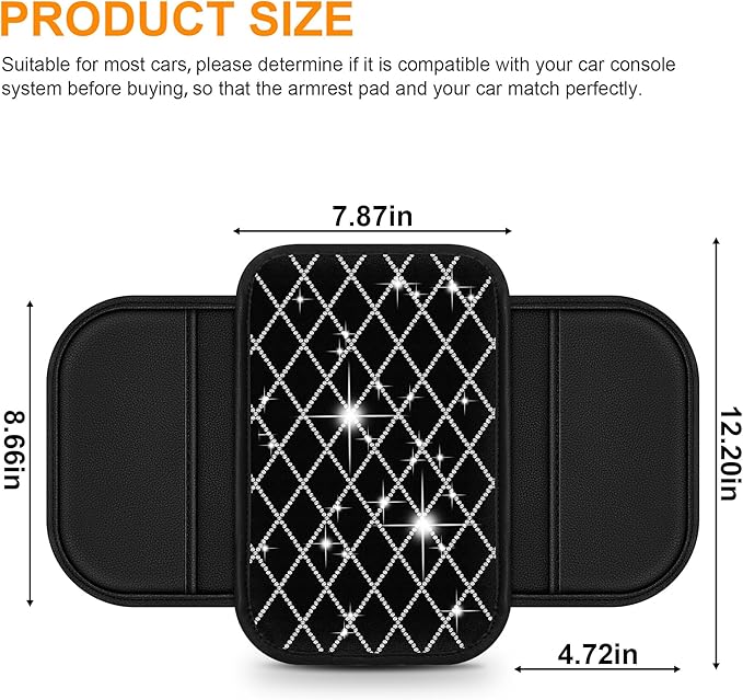 Bling Armrest Cover for Car Compatible with Jeep Renegade - Center Console Cover with 2 Storage Pockets and Crystal Diamond(Black)