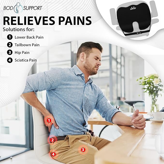 Seat Cushions for Office Chairs, Desk Chairs, and Car Seats - Enhances Posture and Support - Non-Slip Ergonomic Design with Adjustable Straps - Sciatica and Tailbone Relief (Black)