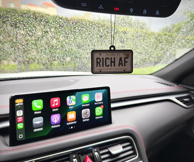New Car Scent Air Freshener & Keychain Bundle – Rich AF License Plate Hanging Car Accessory, Funny Gift for Motivation & Positive Energy (Rich AF – New Car)