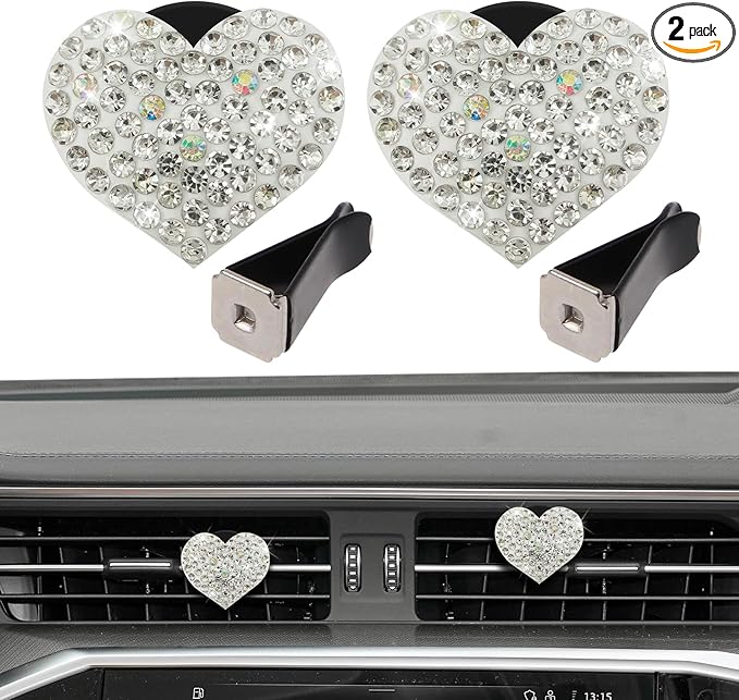 2PCS Heart-Shaped Car Vent Clip with Rhinestone, Car Vent Accessory, Bling Heart Charm Air Conditioning Outlet Clip, Auto Diffuser Air Freshener Charm for Women Girls (White, Heart)