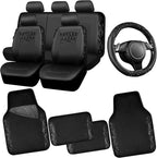 CAR PASS Universal Black Leather Lace Car Seat Covers Full Set for Women Girls,Waterproof Car Floor Mats Carpet,Glitter Steering Wheel Cover for Cars Accessories Interior Sets (Black)
